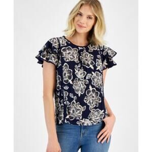 Nautica Jeans Women's Batik Rose Flutter Sleeve Top in Night Sky